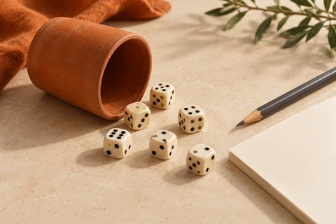 Ivory dice beside a terracotta cup, pencil and blank score pad