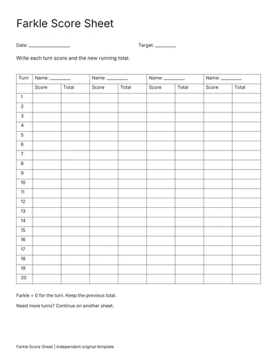 Blank four-player Farkle score sheet with 20 rounds and running totals