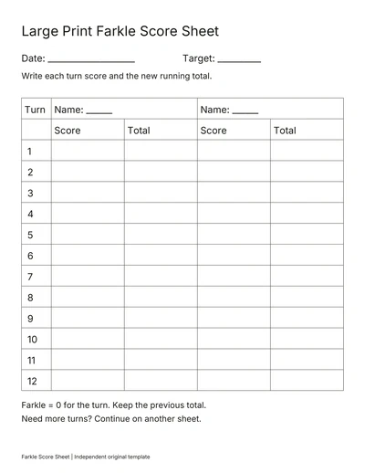 Large-print two-player Farkle score sheet with 12 rounds
