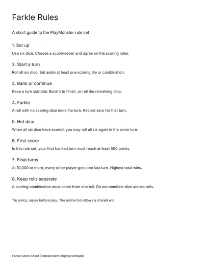 Printable Farkle rules summary for the PlayMonster rule set